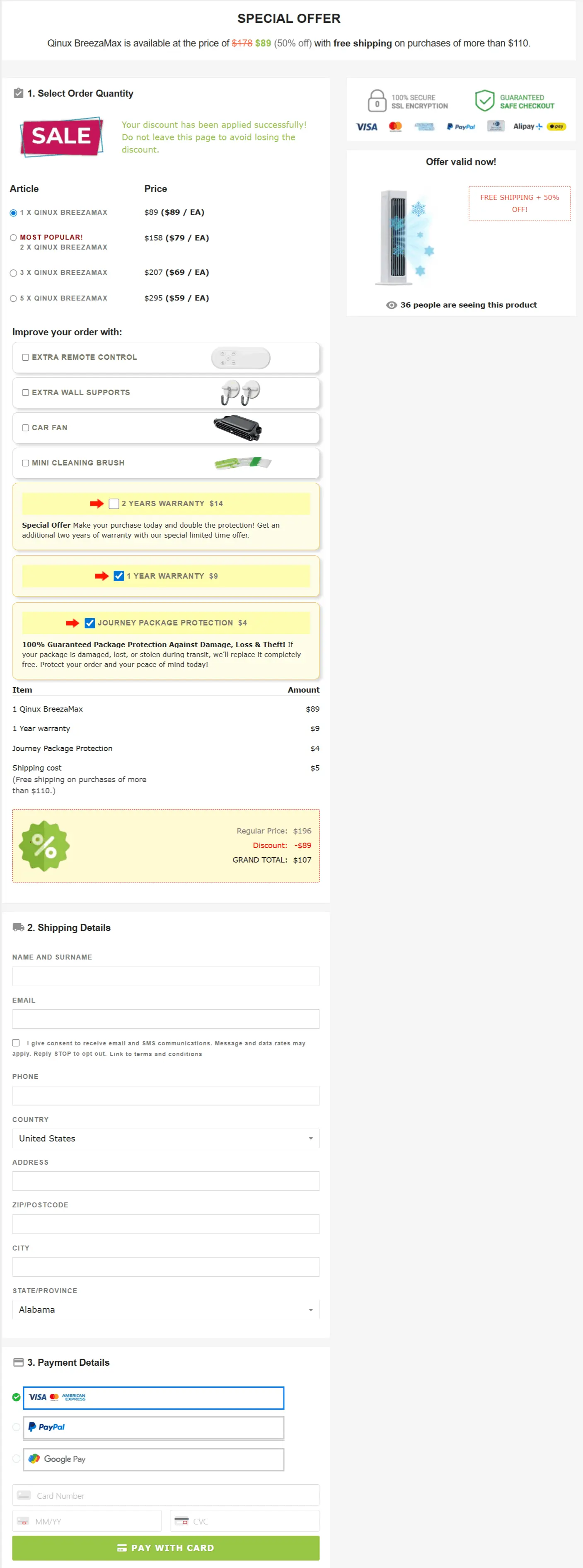 Qinux BreezaMax secure checkout page